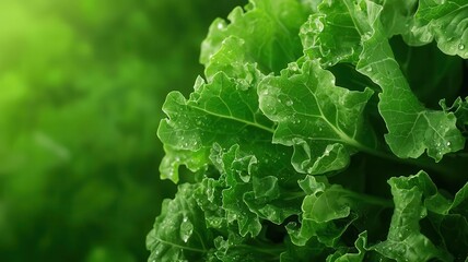 Macro shot of a bunch of green kale leaves with water droplets delicately balanced on the curly edges, glistening in the sunlight