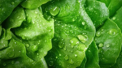 Macro shot of a head of lettuce, with beads of water caught between the crisp layers, creating a fresh, dewy effect