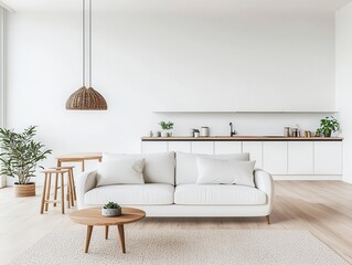 Cozy minimalist living room with a white sofa, open layout, and a view of the kitchen in the background, open-concept living, minimalist design - Powered by Adobe