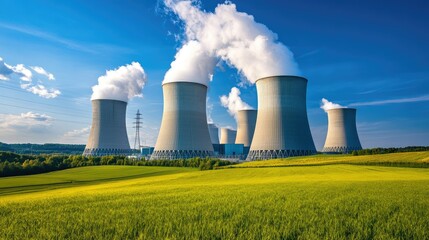 Cooling Towers with Steam Rising into the Blue Sky