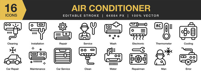 Air Conditioner icon set. Editable Stroke Icon Collection. Includes car repair, service, clean, cooling, electronic, and More. Outline icons vector collection.