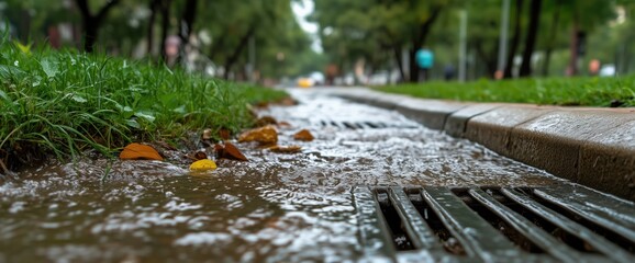 Rainwater flow into modern street drainage system for urban infrastructure and environmental management