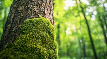 Moss covering a tree in a natural green woodland. Forest park setting