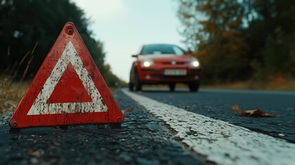 Red emergency triangle and car on roadside - safety and precaution concept for travel awareness