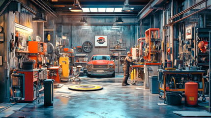 Busy mechanics diligently repair vehicles in a well-equipped auto shop filled with tools and the charm of rustic decor, showcasing the art of automotive maintenance