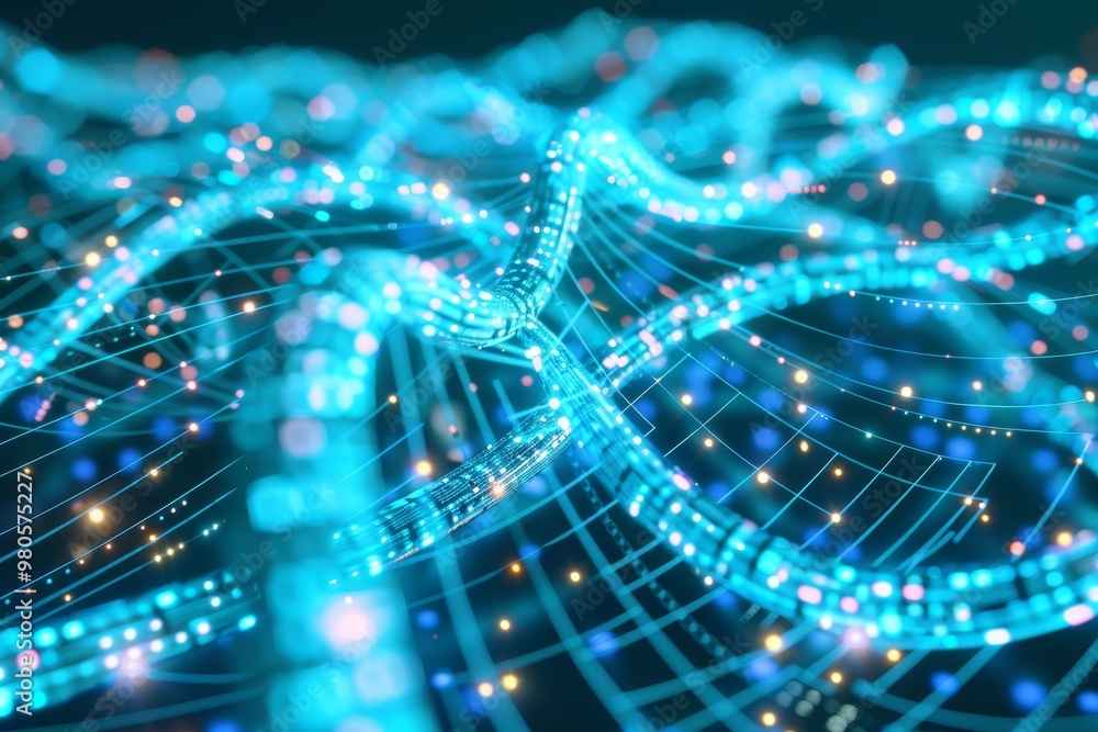 Aufkleber Abstract digital network with flowing blue lines and glowing light, representing futuristic technology, data communication, and cyber connections