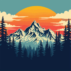 Vector illustration mountain landscape with pine trees and sun