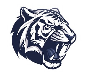 A white tiger's head with a fierce expression, roaring with its mouth open, showcasing sharp teeth and a powerful presence.