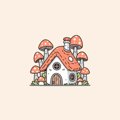 A small house surrounded by mushrooms, in a cartoon style.