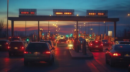 Sunset Traffic at Toll Booths in Urban Setting