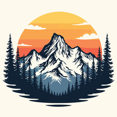 Vector illustration mountain landscape with pine trees and sun