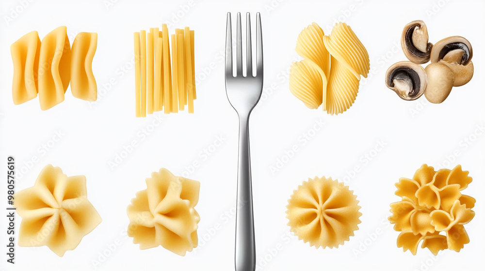 Poster a variety of pasta shapes arranged with a fork on a white background in an artistic display