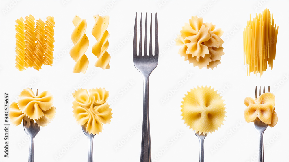 Poster different types of pasta arranged with forks showing textures and shapes against a white background