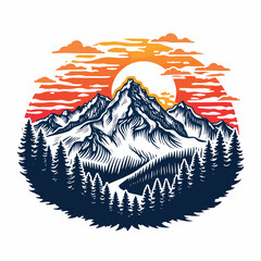 Vector illustration mountain landscape with pine trees and sun