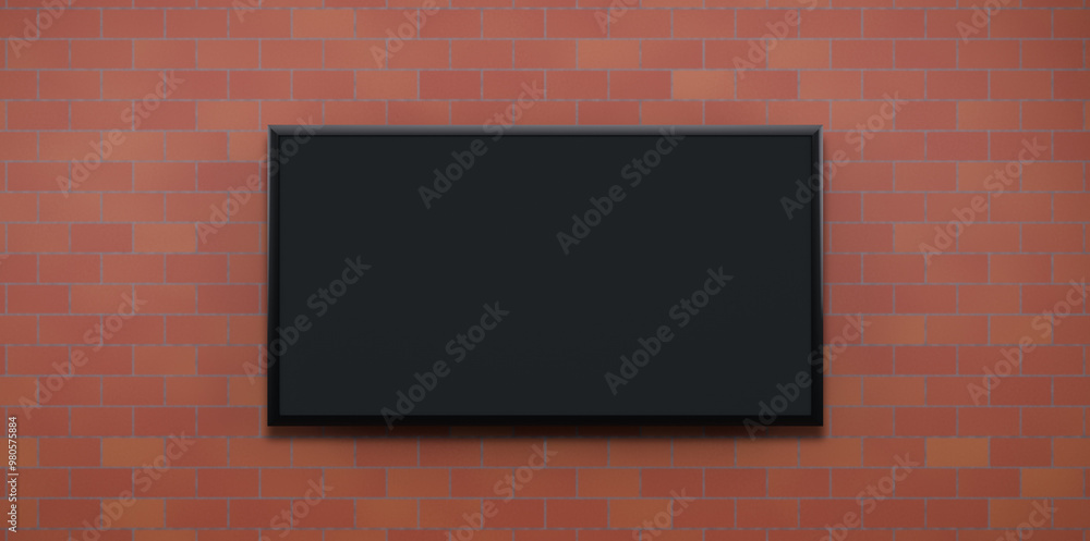 Poster close up empty television mock up installing on the red brick wall, 3d rendering.