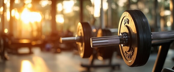 Fototapeta premium Row of dumbbells in sunlit gym setting for fitness motivation posters and prints