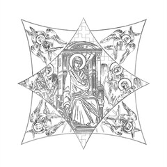 Obraz premium Annunciation to the Blessed Virgin Mary. Cross dome with 4 apostles, angels and seraphim. Coloring page in Byzantine style