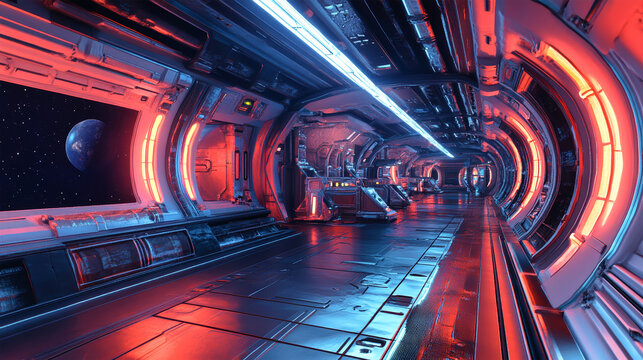 Journey through a vibrant retro-futuristic space station with gleaming neon corridors, where vintage spaceships await amidst a picturesque cosmic backdrop