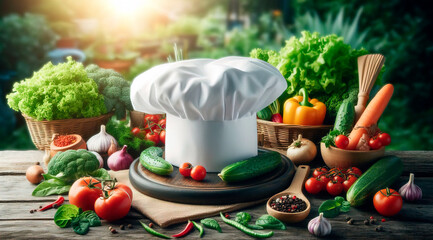 Chef's hat on a table with vegetables and copy space and a blurry background letting see an organic vegetable garden , healthy food and cooking concept image backdrop 