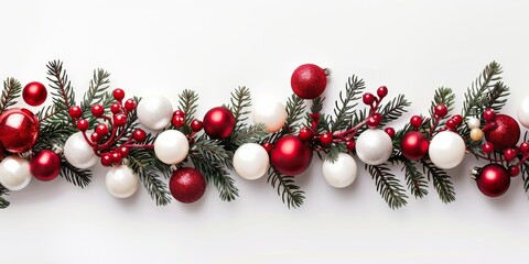 A festive Christmas garland, decorated with red and white ornaments, green pine branches, and berry accents, captures the essence of the holiday season, making it perfect for cheerful festive decor