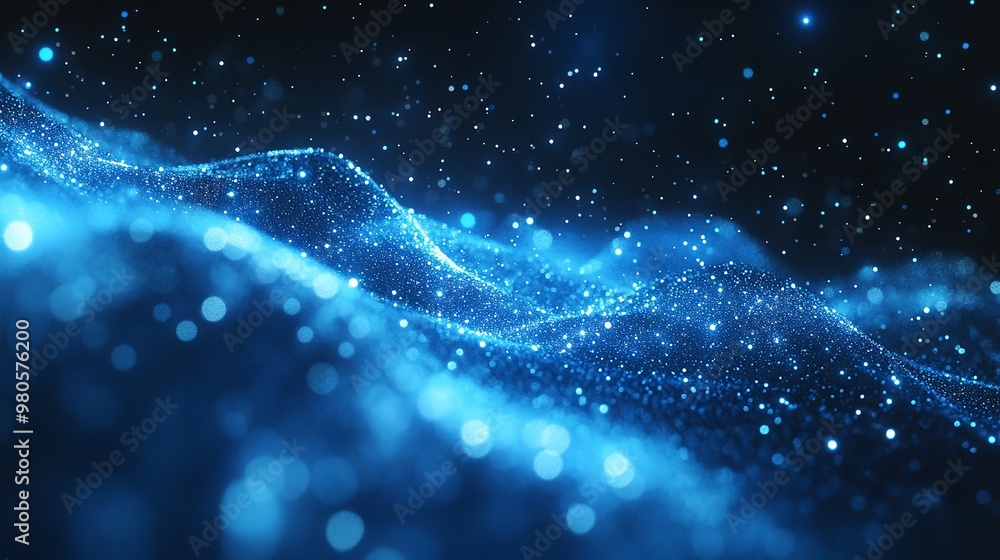 Poster abstract glowing blue particles background with sparkling glitter in bokeh style