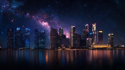 Obraz premium Starry night sky over the Singapore skyline, illuminating the city’s iconic buildings and waterfront
