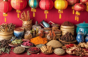 A vibrant Chinese market scene with colorful lanterns, traditional goods, and exotic spices laid...