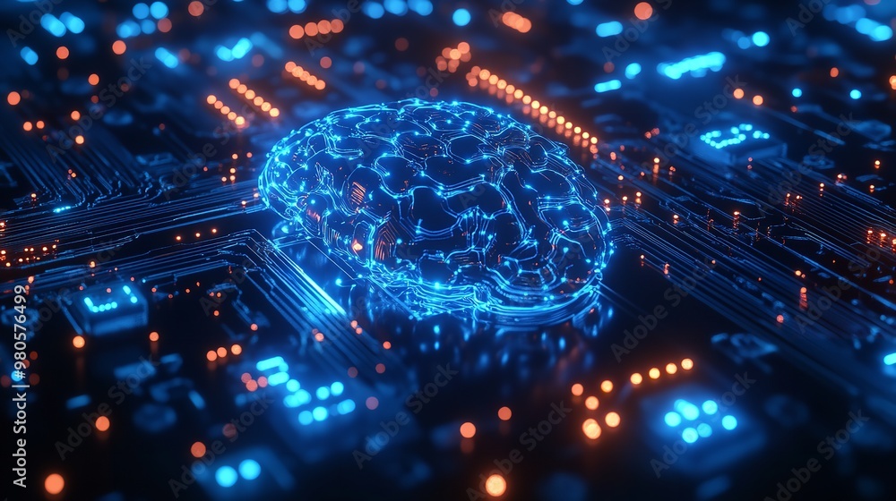 Poster artificial intelligence representation with glowing circuits and synthetic brain on a technological 