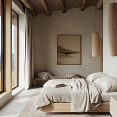 in Ukrainian mountains, pure minimalist, but elegant and rich soft design with with a calm atmosphere and details of Scandinavia, linen materials