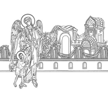 angel guiding child near church clip art preview