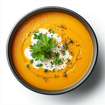 Pumpkin and carrot soup with cream and parsley isolated on a white background. Top view banner with copy space for delicious autumn or winter comfort food. Perfect for cozy meals and warm gatherings.