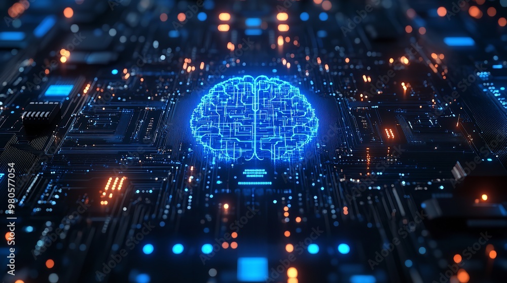 Poster artificial intelligence representation with glowing circuits and synthetic brain on a technological 