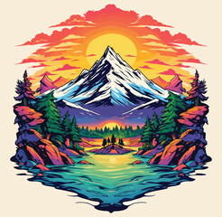 Vector illustration a mountain landscape with trees and a lake