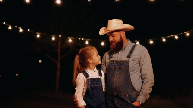 A father and his daughter stand in front of string lights outdoors at night.