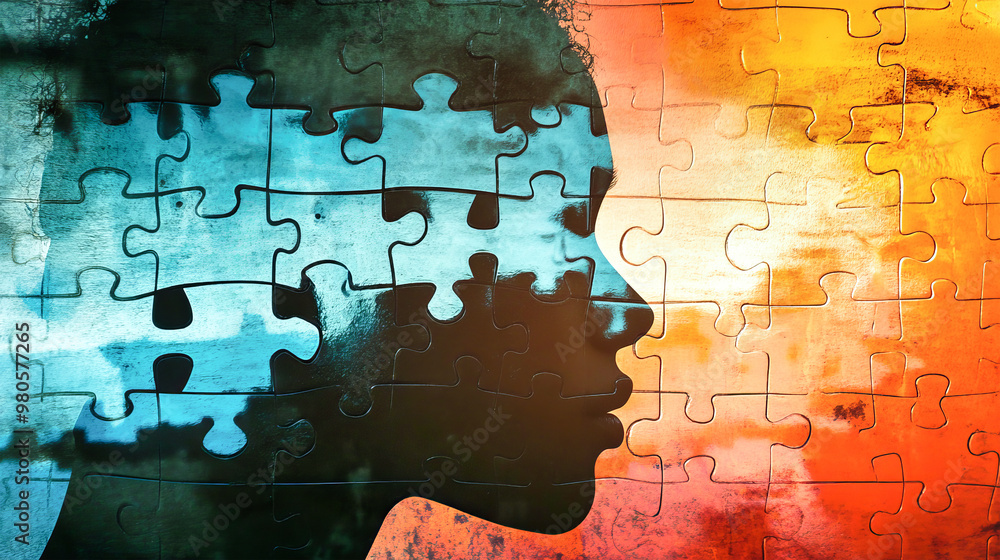 Poster a silhouette of a man's face filled with colorful puzzle pieces reflects the intricate layers of ide