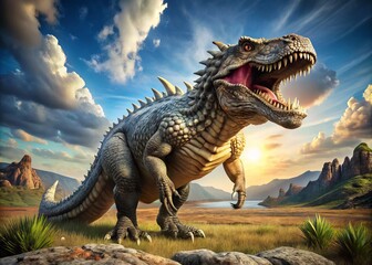 Fototapeta premium Ancient giant prehistoric creature with scaly skin, sharp teeth, and long tail standing proud on grassy landscape with sunny sky and scattered rocks