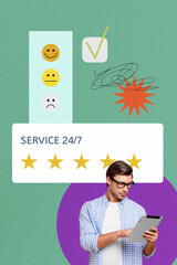 Composite trend artwork sketch image collage of service 24 7 star mark review recommend rating...