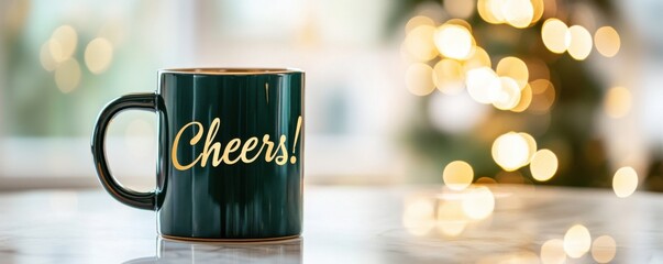 St. Patrick's Day mockup with green mug featuring 'Cheers' in elegant script on a marble surface