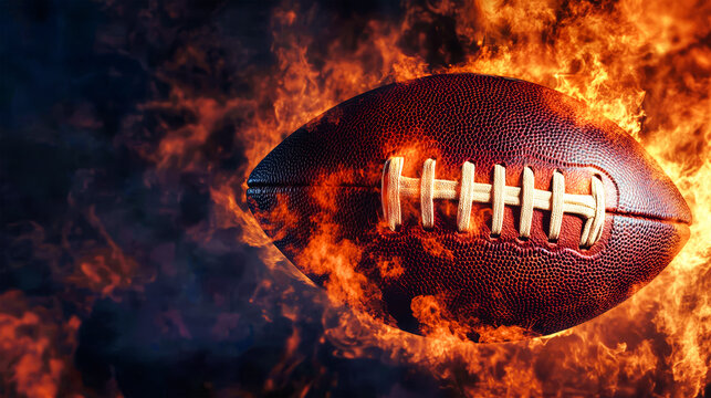 A rugby ball bursts into flames, radiating energy and intensity against a black backdrop, inviting exploration of its fiery, textured surface