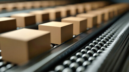 A top view captures the sleek boxes gliding seamlessly on a conveyor belt, highlighting the dynamic process of sorting parcels in a bustling warehouse environment