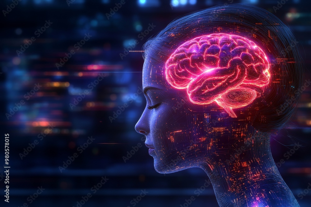 Aufkleber silhouette of a woman with a glowing digital brain symbolizing artificial intelligence thought proce