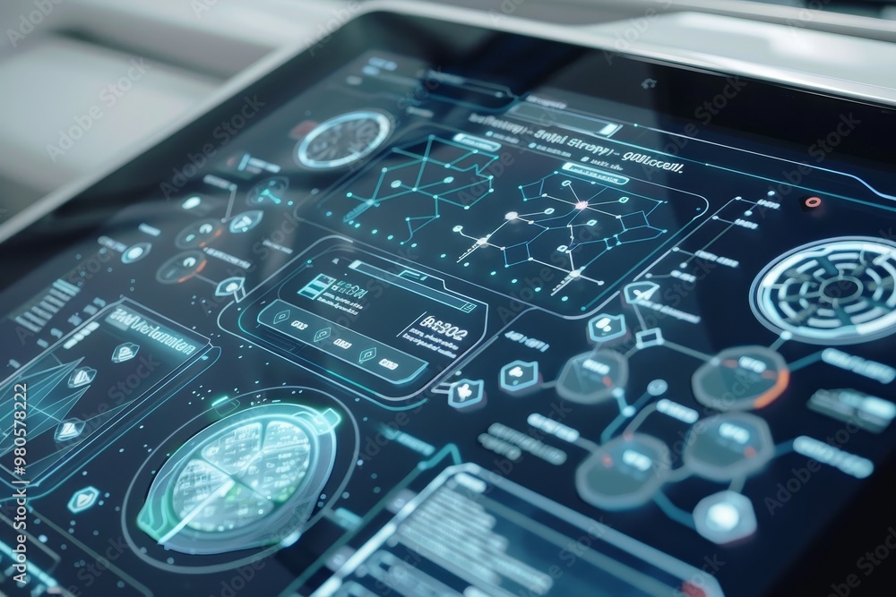 Poster Tablet screen displaying complex technical diagrams and data visualizations, representing modern business technology and digital communication in data analysis and presentation.