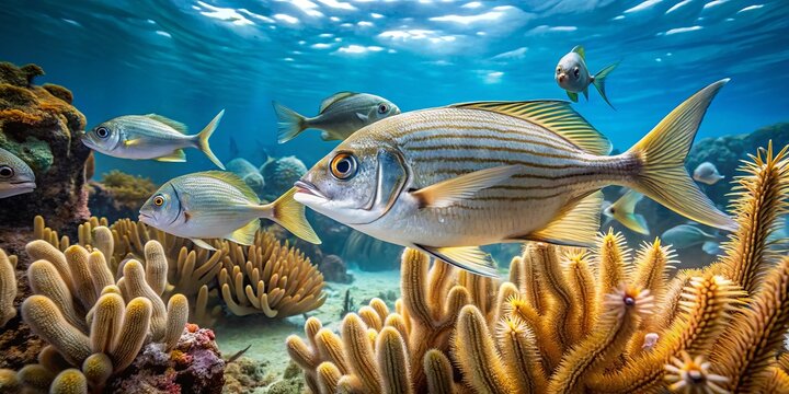 A Florida pinfish swims through soft corals and sea fans in a shallow, sandy-bottomed coastal marine habitat, with a school of small fish in the background.