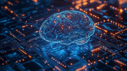 Artificial intelligence representation with glowing circuits and synthetic brain on a technological circuit board, depicting AI concept.