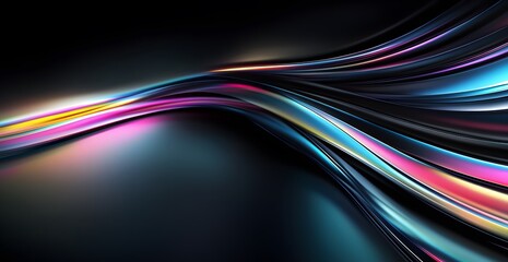 Black background, rainbow gradient lines in the shape of an arch on the top left and bottom right, curved edges, dark silver and light blue style, futuristic sci-fi aesthetic, 