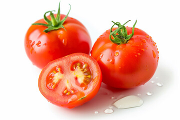 Fresh, juicy tomatoes with a sprig of parsley on a white background.