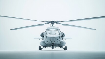 Front View of a Modern Military Helicopter in Foggy Environment