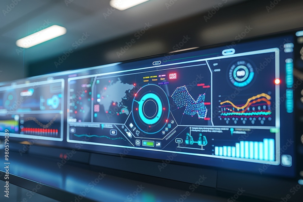 Poster Digital dashboard displaying multiple data visualizations and analytics, representing modern business technology and advanced data management for effective decision-making.