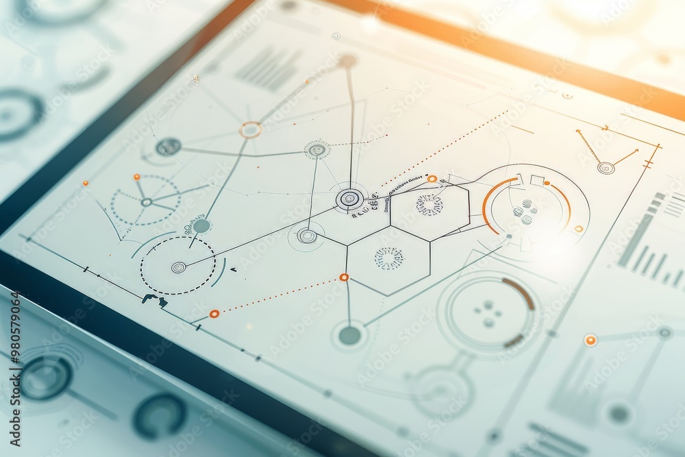 Poster Tablet screen displaying complex technical diagrams and data visualizations, representing modern business technology and digital communication in data analysis and presentation.