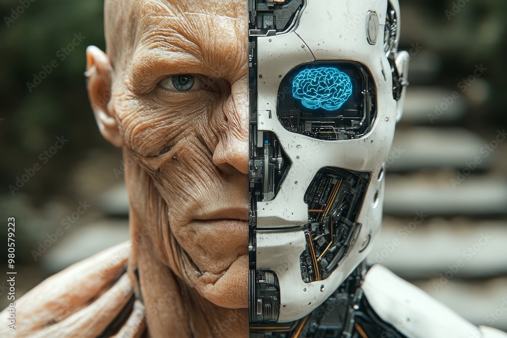 Poster half human half robot figure with exposed skull and digital circuitry symbolizing the fusion of orga